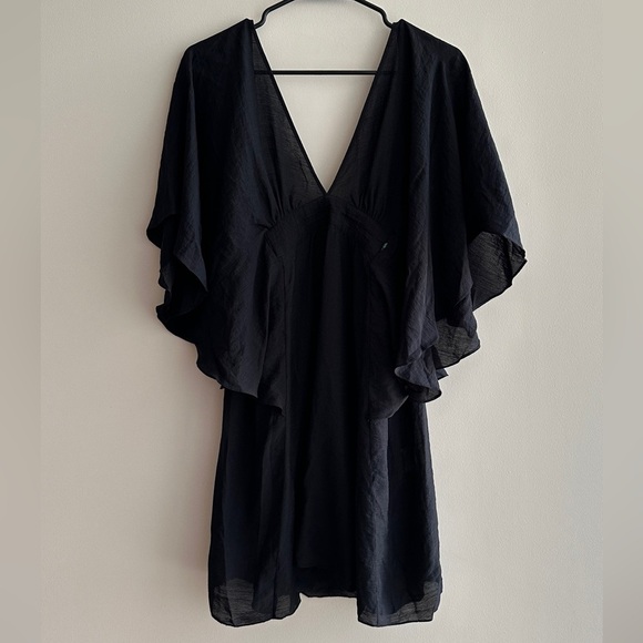 roberio sampaio Black Flutter Sleeve Linen Dress, Black Beach Coverup - Picture 2 of 16